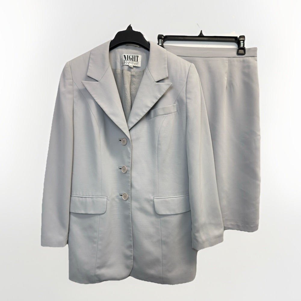 NIGHT STUDIO 2 Piece Skirt Suit Women's Sz 10 Grey Pinstripe Blazer Jacket Lined